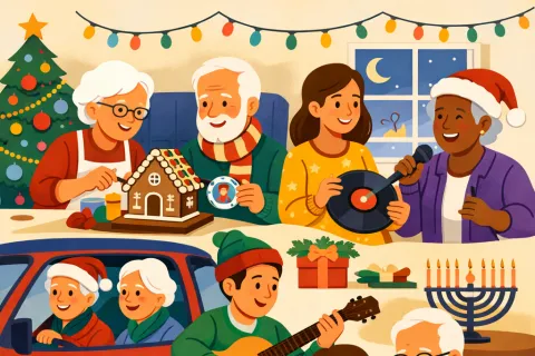 Multi-generational family enjoying diverse holiday traditions with decorations, music, gifts, and festive meals.