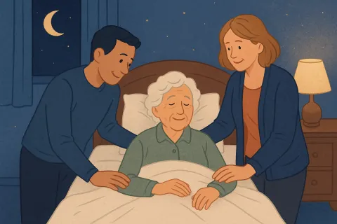 Family members comforting an elderly woman in bed at night under a crescent moon and starry sky.