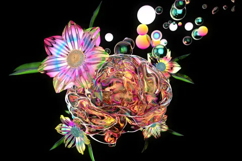 Transparent iridescent brain surrounded by colorful flowers and floating bubbles on black background