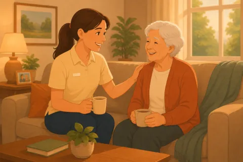 Caregiver and elderly woman sharing a warm moment drinking coffee on a cozy living room sofa