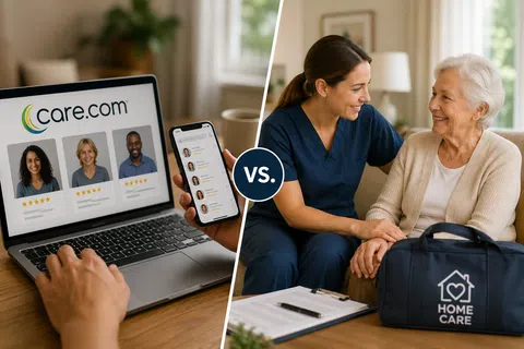 Comparison of online caregiving platform on laptop and phone versus in-person home care nurse with elderly woman.