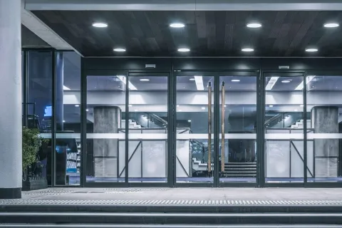 a building with glass windows