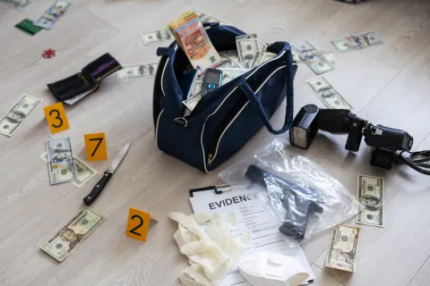 Crime scene with evidence markers, knife, rubber gloves, gun in plastic bag, money, and a blue duffel bag on wooden floor.