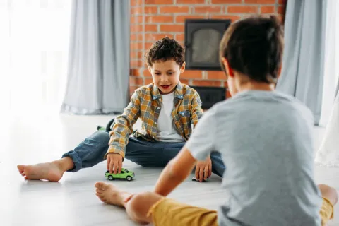 Two young boys playing with toy cars on the floor in a bright, cozy living room with brick fireplace.
