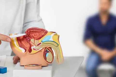 Doctor pointing to prostate model during patient consultation