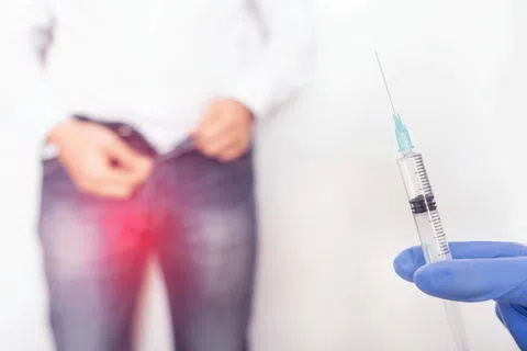 Close-up of a syringe in gloved hand aimed at man with red pain spot in groin area symbolizing injection for groin pain treatment.