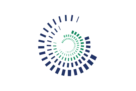 Abstract spiral design of blue and green rectangular bars radiating from center on black background