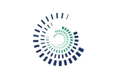 Spiral pattern of blue and green rectangular bars forming a circular, dynamic graphic design on black background