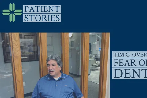 Middle-aged man seated in dental office, sharing his story about overcoming fear of the dentist.