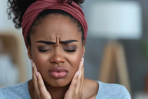 Woman with headband holding jaw in pain, showing discomfort and toothache indoors.