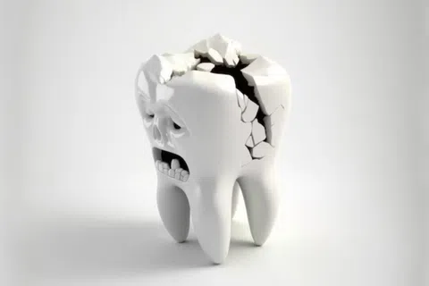 3D cracked tooth with a distressed skull face expressing pain and damage on a plain white background