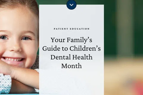 Smiling young girl leaning on colorful books with text about children’s dental health month guide.