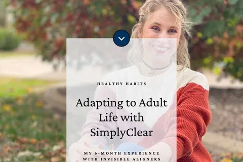 Smiling woman sitting on grass wearing casual fall clothes with a text overlay about adapting to adult life using SimplyClear.