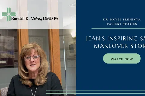 Woman shares her smile makeover story in dental office with Randall K. McVey branding and watch now button.