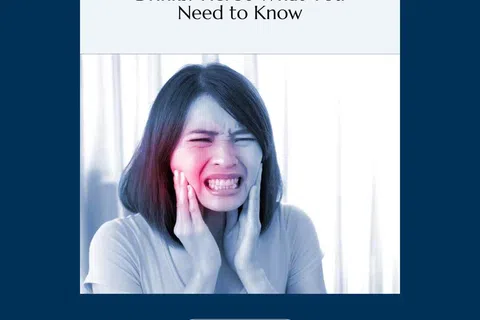 Woman showing discomfort and holding jaw highlighting tooth sensitivity to cold drinks in patient education graphic.