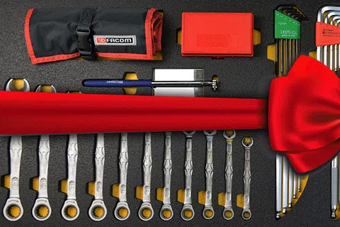 Set of organized wrenches, screwdrivers, and hex keys laid out neatly with a large red ribbon and bow.