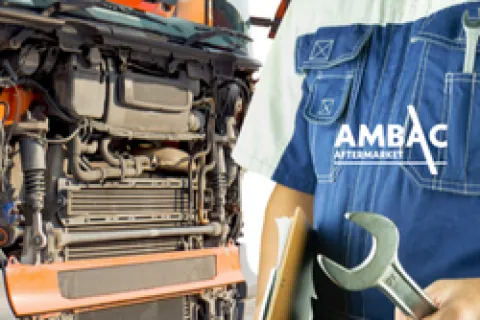 close up of truck engine  and technician