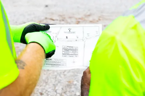 Two construction workers in neon shirts and gloves reviewing a detailed site plan outdoors.