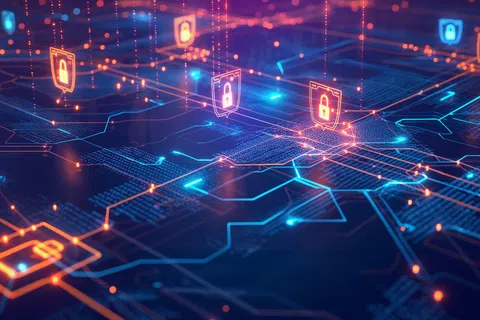Digital network with glowing padlock icons representing cybersecurity and data protection over circuitry.