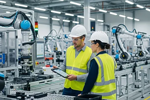 Two engineers in safety gear monitoring automated robotic arms in a modern manufacturing factory setting.
