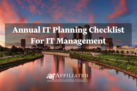 City skyline at sunset with river and text Annual IT Planning Checklist for IT Management overlay.