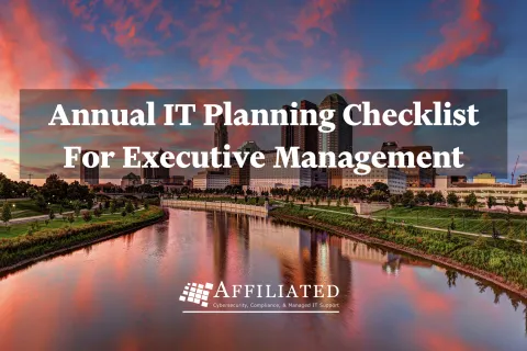 City skyline at sunset with river reflection and text overlay about annual IT planning checklist for executives.