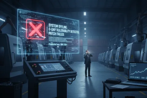 Man in factory with robotic arms monitors system offline alert on holographic display showing patch failure and financial loss.