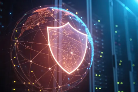 Digital shield protecting a connected globe in a server room representing cybersecurity and data protection.