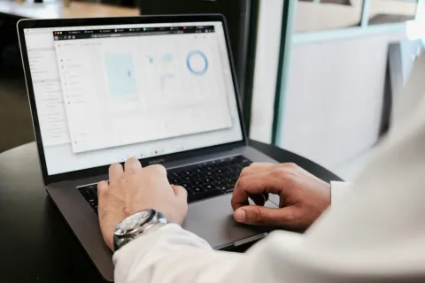 Person analyzing financial data charts on laptop in a modern office setting with casual business attire