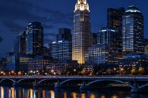 Downtown cityscape with illuminated skyscrapers and a bridge reflecting lights on calm river at night.