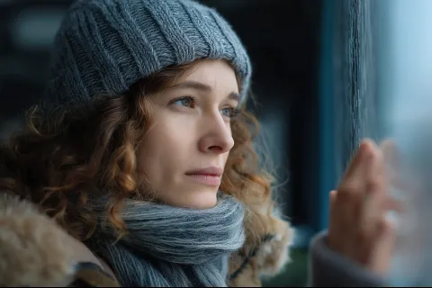 Thoughtful woman wearing knit hat and scarf looks out frosted window on cold winter day.