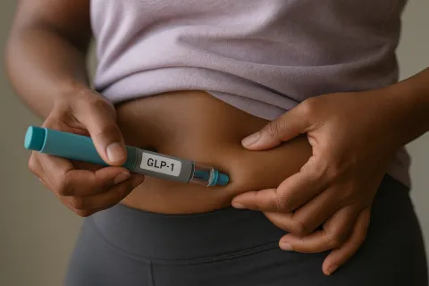 Person administering GLP-1 injection into abdominal area with insulin pen for diabetes treatment.