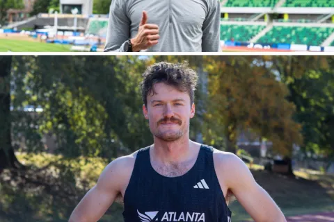 Two male athletes, one in a stadium giving thumbs up, the other outdoors wearing Atlanta Track Club gear.