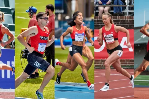 five olympic-hopeful athletes running on a track
