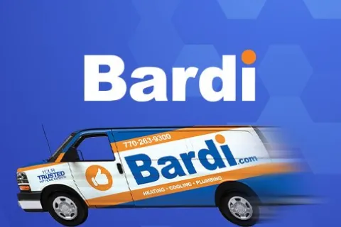 Bardi service van with company logo and contact info on a blue hexagon background for heating cooling plumbing.