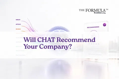 Modern digital graphic illustrating AI recommending a company with a glowing brain and review elements.