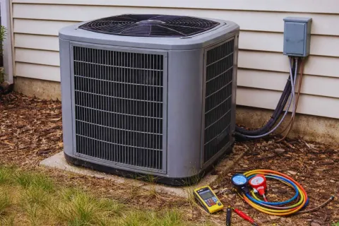 Outdoor air conditioning unit with HVAC service gauges and tools on the ground beside it near a house wall.