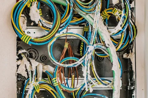 Electrical wiring inside a wall junction box with multiple color-coded cables and taped loops during installation.