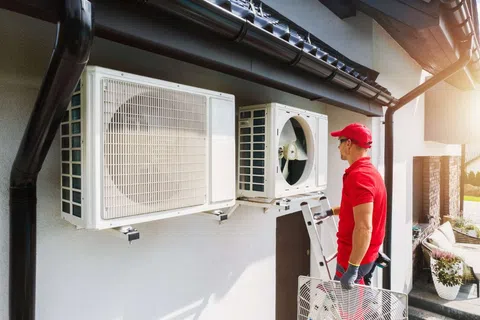Technician in red uniform inspecting and repairing outdoor air conditioning units mounted on a house exterior wall.