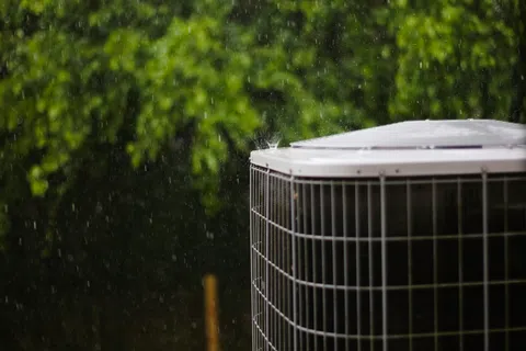Outdoor air conditioning unit in rain with blurred green trees in background, showing water droplets falling.