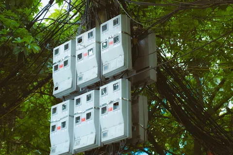 Cluster of electric meters mounted on a pole surrounded by numerous black cables and green tree foliage.