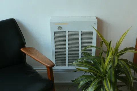 Black leather chair with wooden armrest next to a white wall heater and green potted plant indoors.
