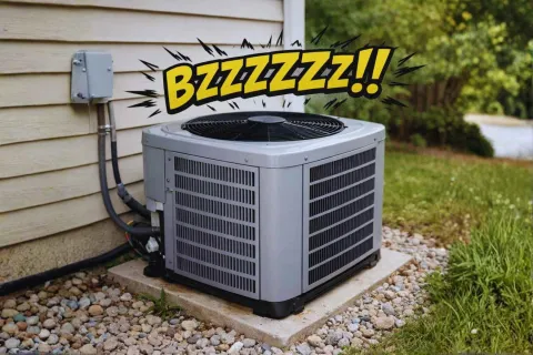 Outdoor air conditioning unit beside house with buzzing sound effect graphic