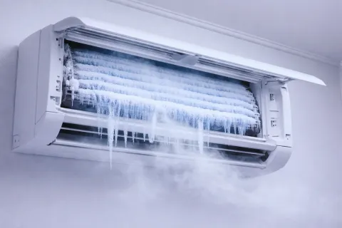 Indoor air conditioner unit covered in ice with frost and mist showing freezing malfunction.