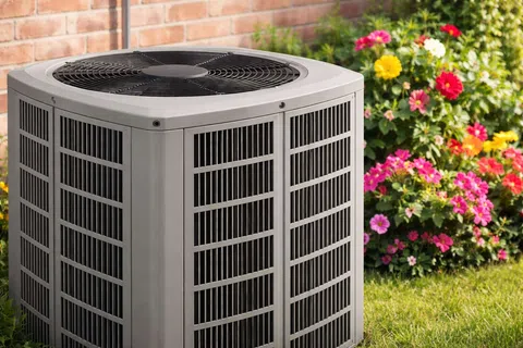 Outdoor air conditioning unit next to a brick wall with colorful flowering plants in the garden.