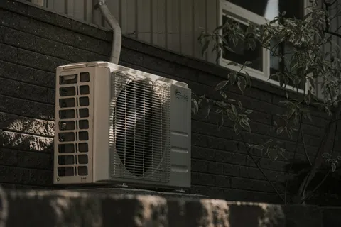 Outdoor air conditioning unit mounted on a stone wall outside a dark brick house with surrounding foliage.