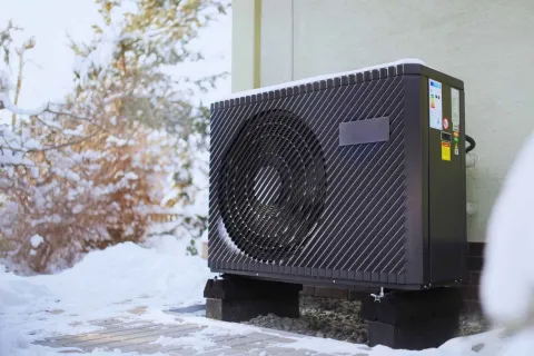 Outdoor heat pump unit installed on blocks beside a house in snowy winter conditions with frosted bushes in background.