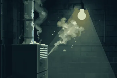 Old furnace emitting white smoke in dark basement under a single hanging light bulb.