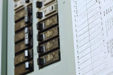 Close-up of an electrical circuit breaker panel with labeled switches and a handwritten circuit list.