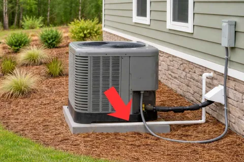 Outdoor air conditioning unit installed on concrete pad next to house with red arrow pointing to base connection.